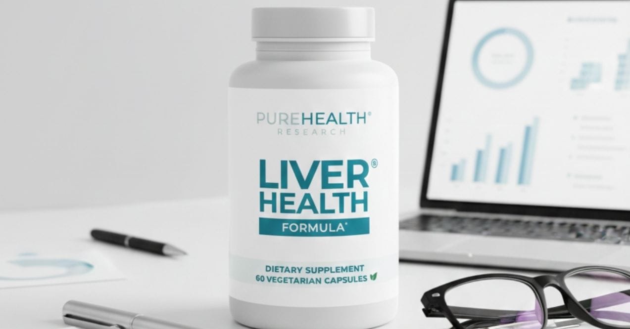 PureHealth Research Liver Health Formula supplement bottle on a desk