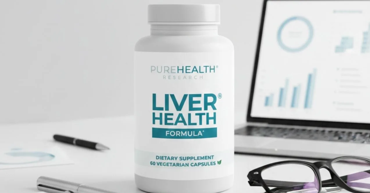 PureHealth Research Liver Health Formula supplement bottle on a desk