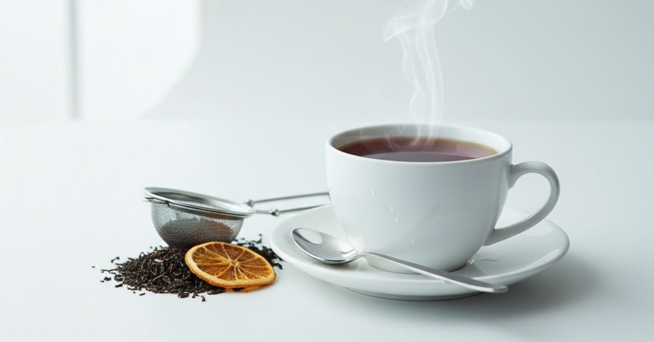 Cup of black tea with a tea strainer and dried lemon slice