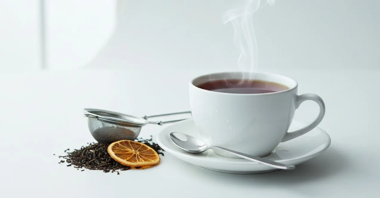 Cup of black tea with a tea strainer and dried lemon slice