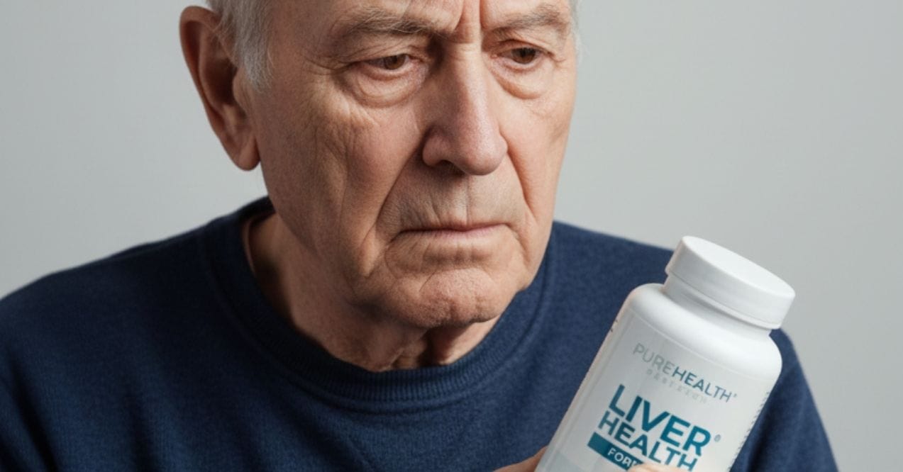 Older man looking thoughtfully at a Liver Health Formula supplement bottle