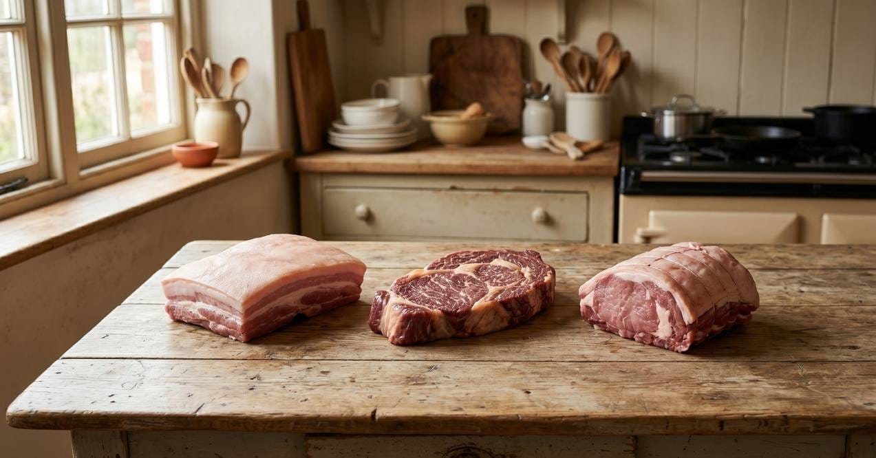 Raw pork and beef cuts on a wooden kitchen table