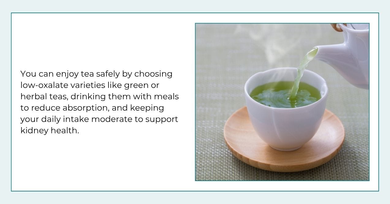 Pouring hot green tea into a white cup on a wooden saucer