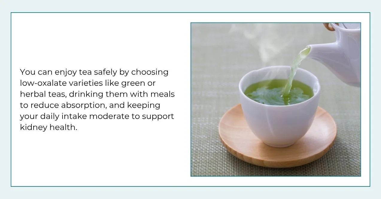 Pouring hot green tea into a white cup on a wooden saucer