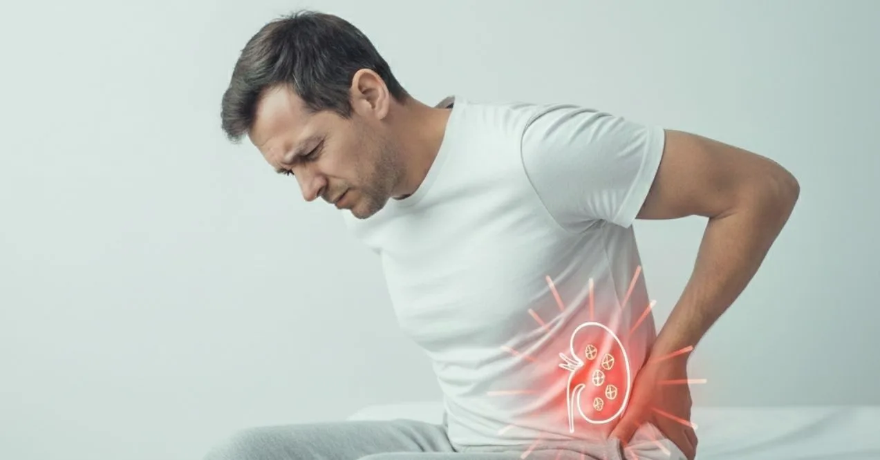 Man holding lower back in pain with kidney illustration highlighting discomfort