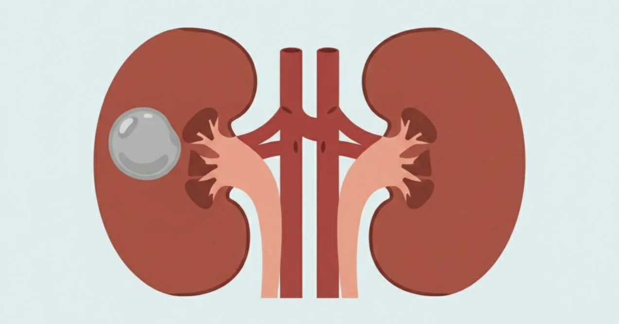 Illustration of human kidneys showing a kidney cyst on the left kidney