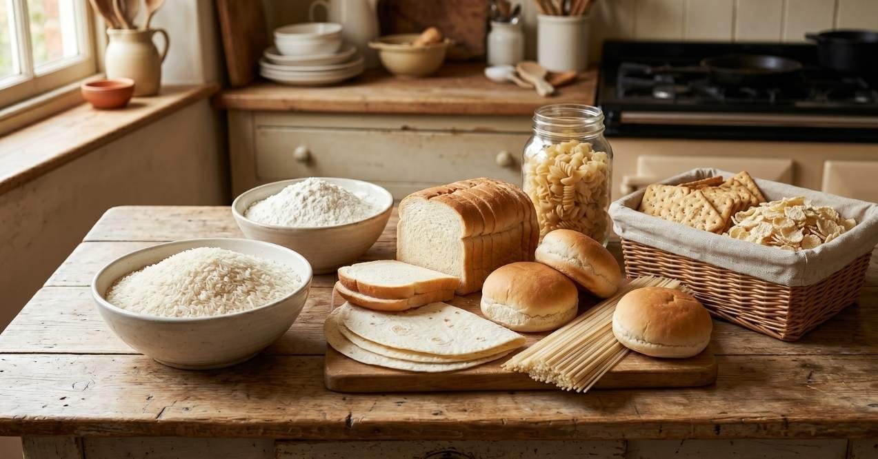 White rice, white bread, pasta, tortillas, and crackers on a table