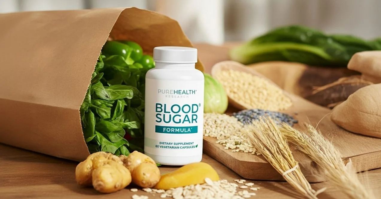 Blood Sugar Formula bottle surrounded by fresh greens and grains