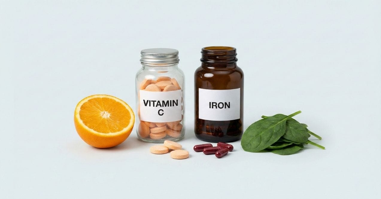 Vitamin C and iron supplement bottles