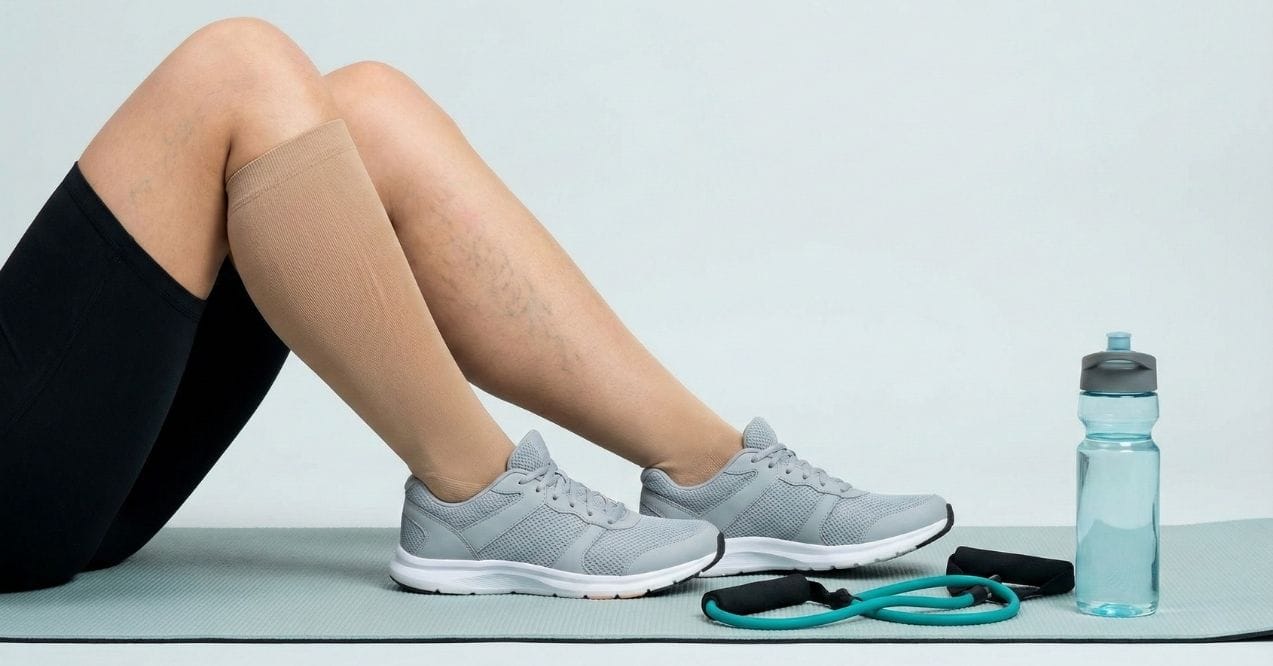 Woman exercising with visible varicose veins and a compression sock