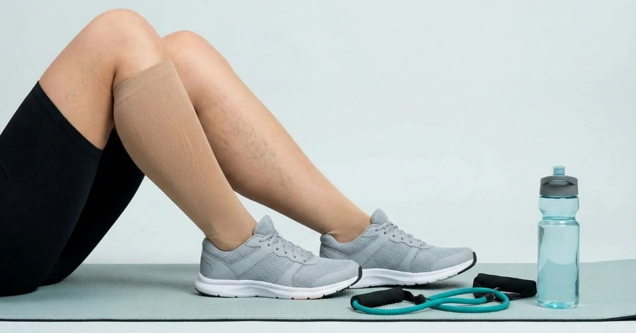 Woman exercising with visible varicose veins and a compression sock