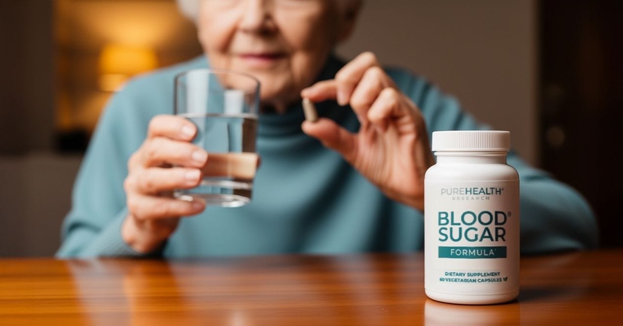 Woman holding a capsule and glass of water beside Blood Sugar Formula