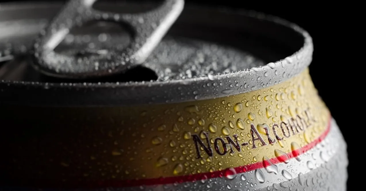 Close-up of a non-alcoholic beer can with condensation