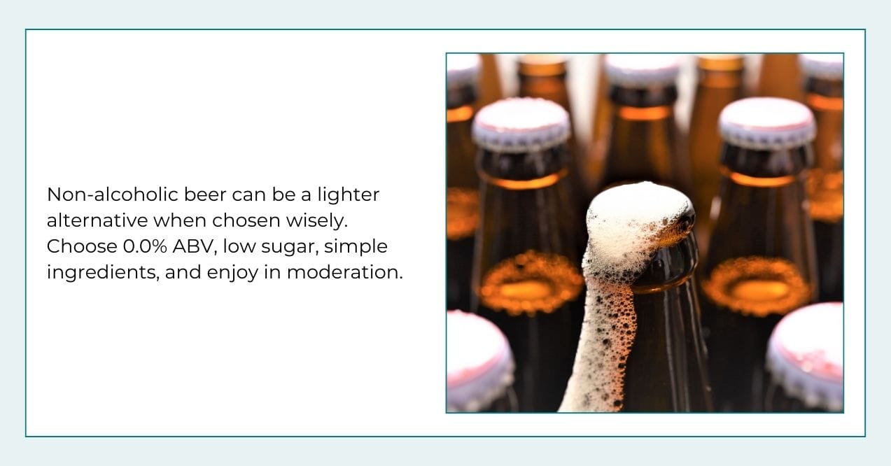 Non-alcoholic beer bottles highlighting mindful, low-sugar beverage choices