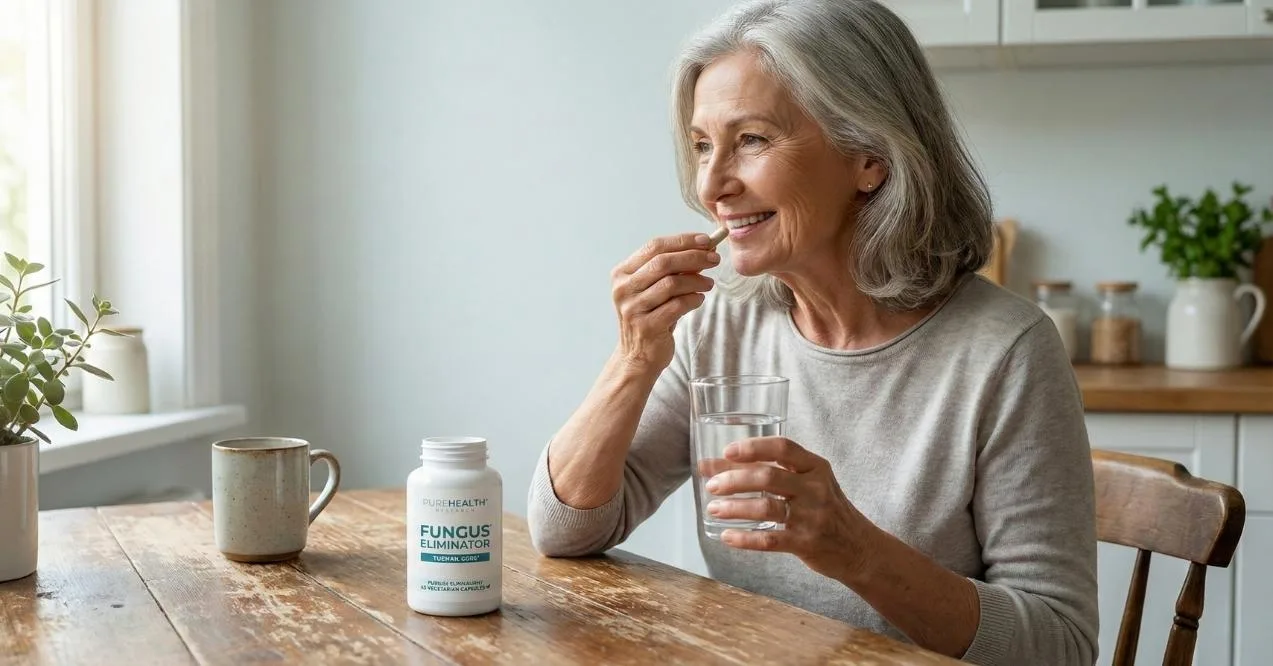 A senior woman taking Fungus Eliminator supplement