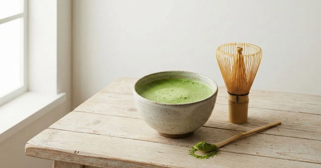 Bowl of prepared matcha with bamboo whisk and matcha powder