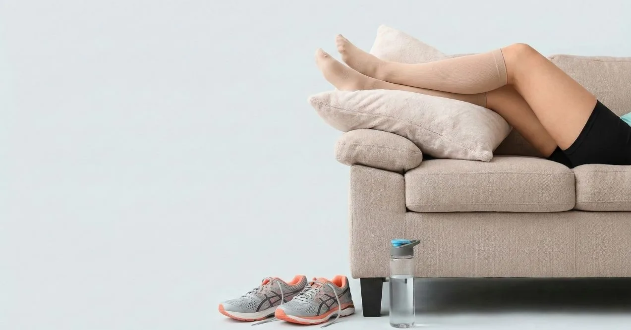 Woman resting with legs elevated in compression socks