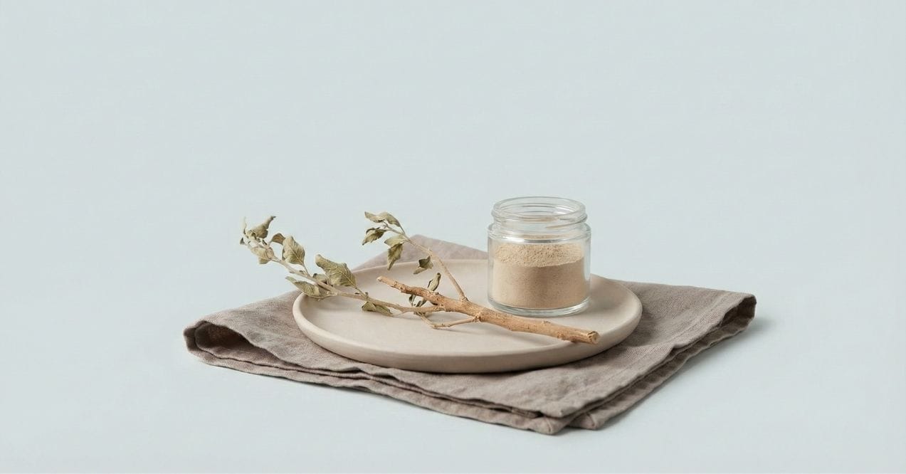Ashwagandha powder in a jar with dried root