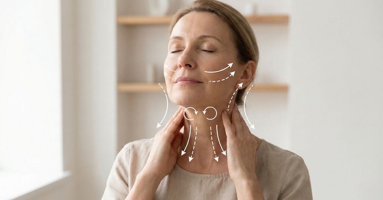 Woman performing gentle lymphatic drainage massage on the face and neck