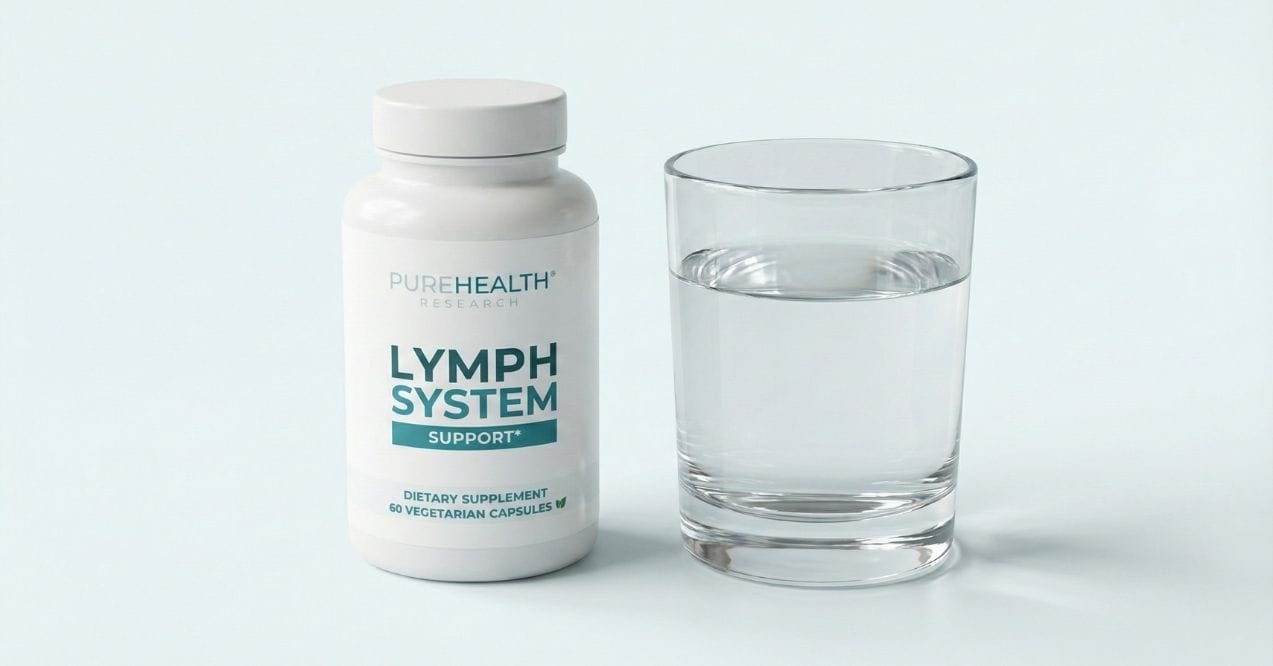 PureHealth Research Lymph System Support supplement bottle beside a glass of water