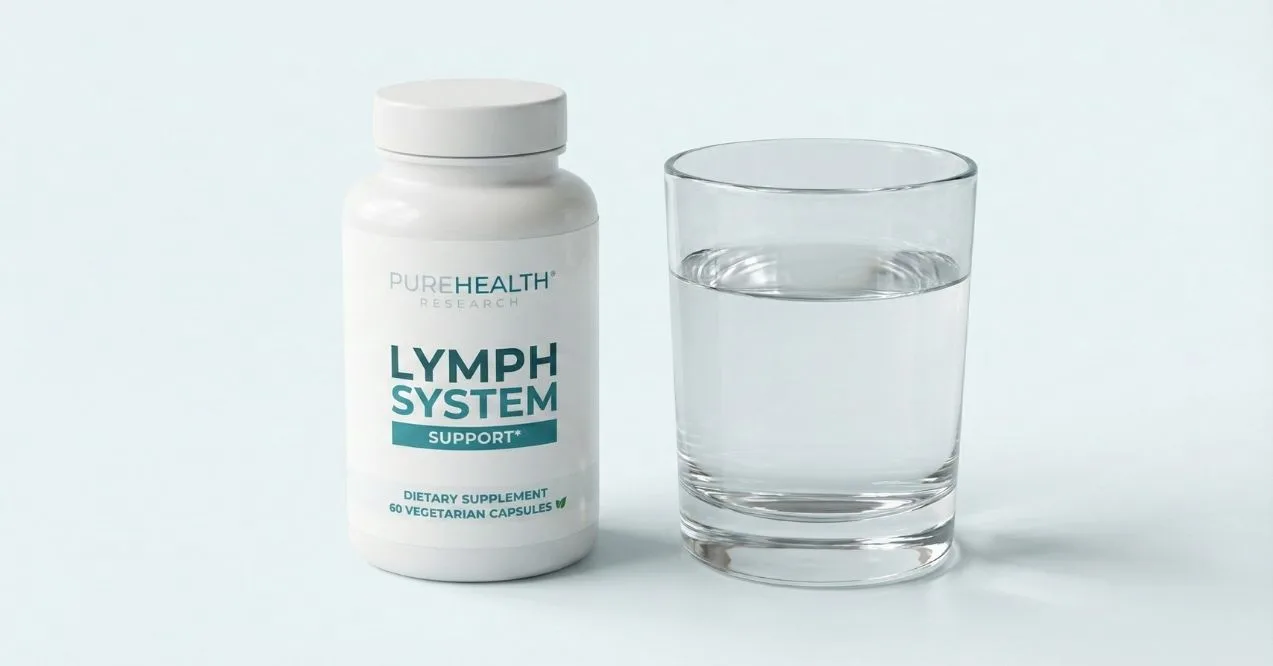 PureHealth Research Lymph System Support supplement bottle beside a glass of water