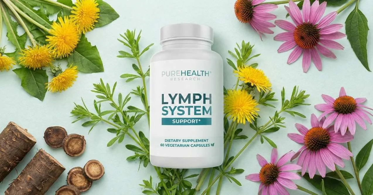 PureHealth Research Lymph System Support bottle surrounded by botanical ingredients