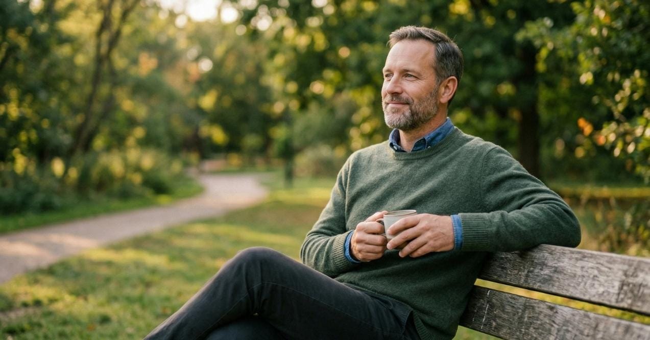 Man sitting on a park bench holding a cup and looking relaxed