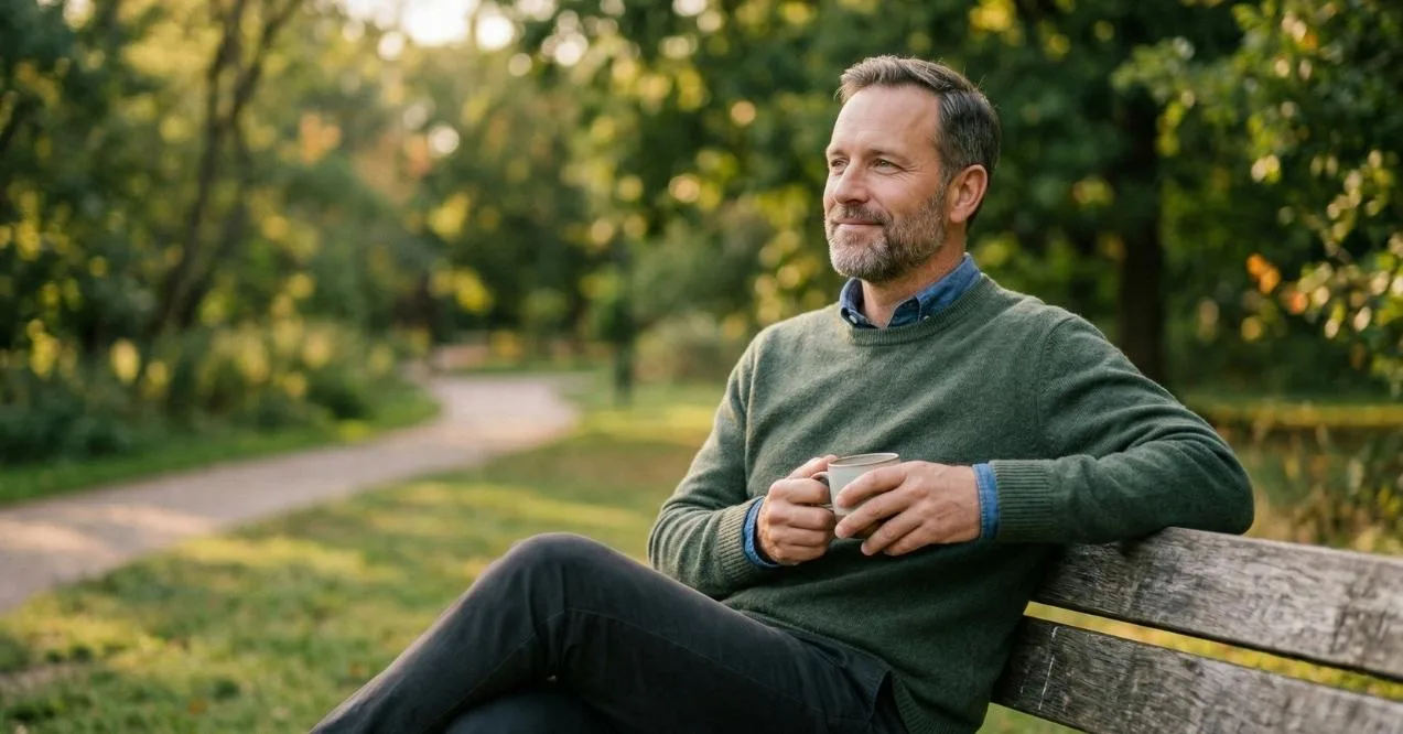 Man sitting on a park bench holding a cup and looking relaxed