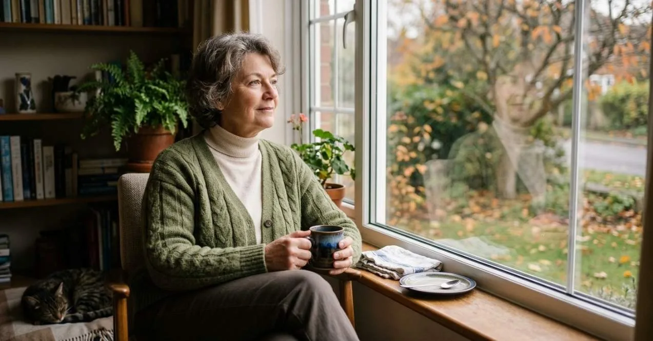 Woman sitting by a window holding a mug and looking calm