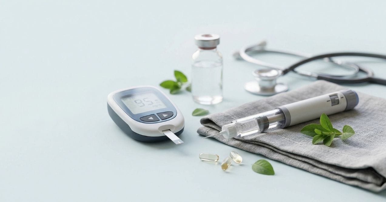 Glucose meter, injector pen, and medical items on a table