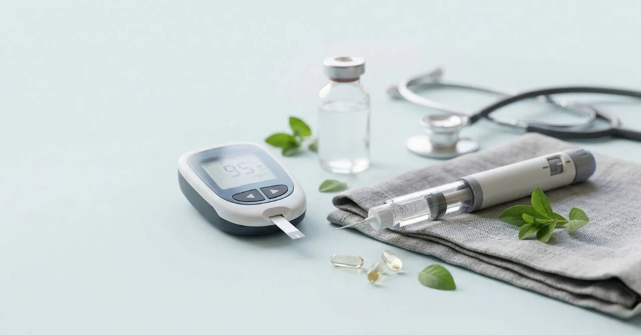 Glucose meter, injector pen, and medical items on a table