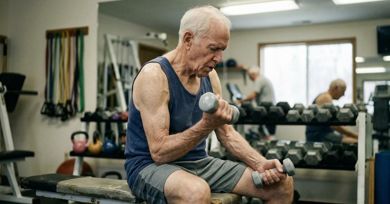 Older man lifting dumbbells in a gym
