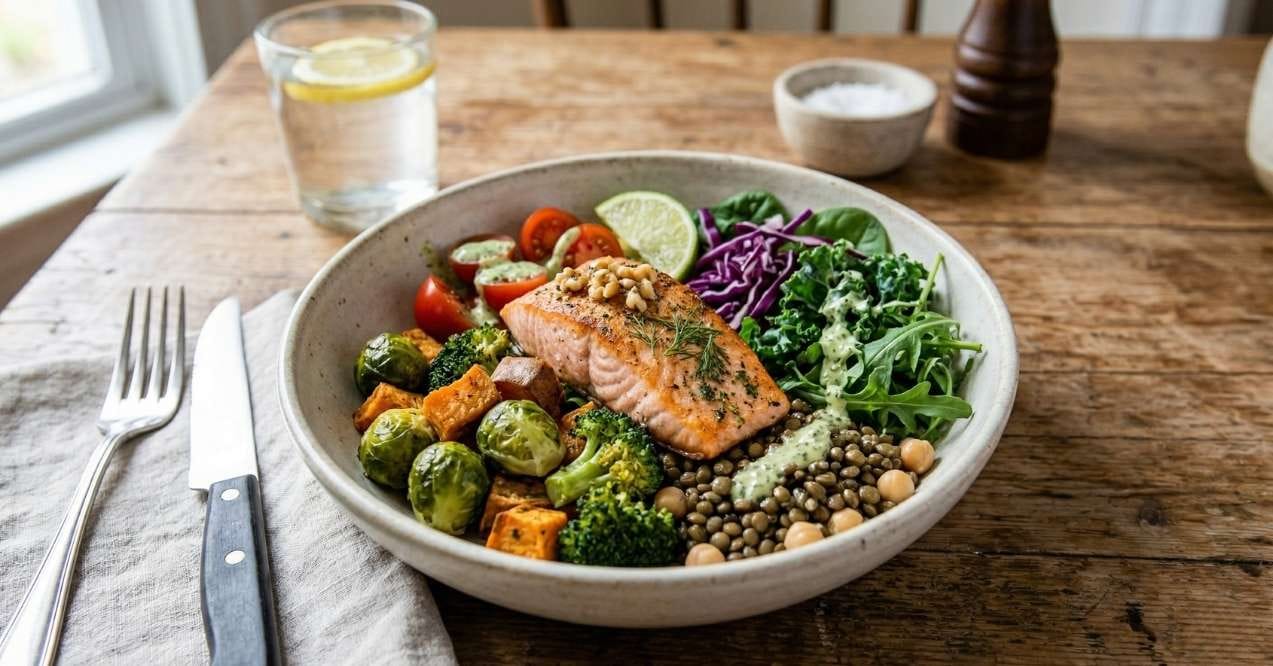 Bowl with salmon, vegetables, lentils, and greens on a table