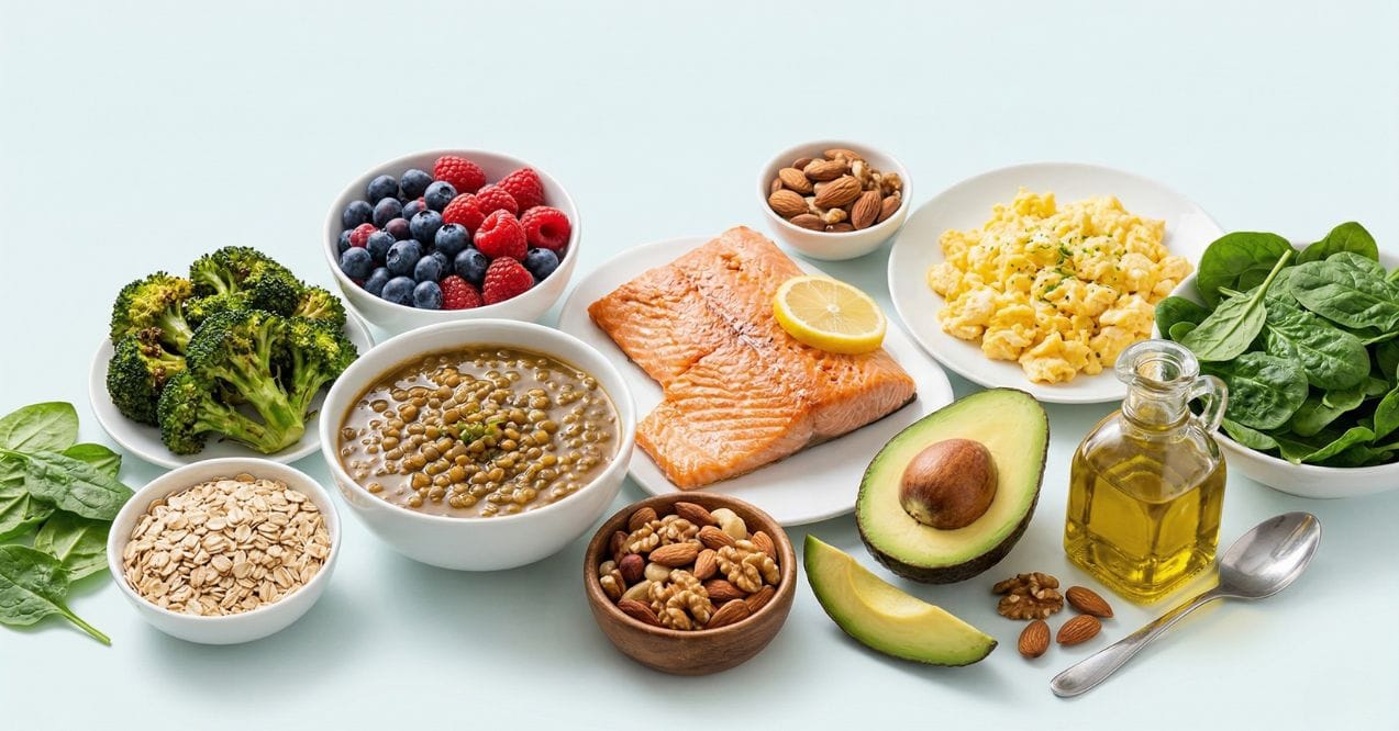 Foods that may support GLP-1, including salmon, lentils, berries, oats, eggs, avocado, and spinach