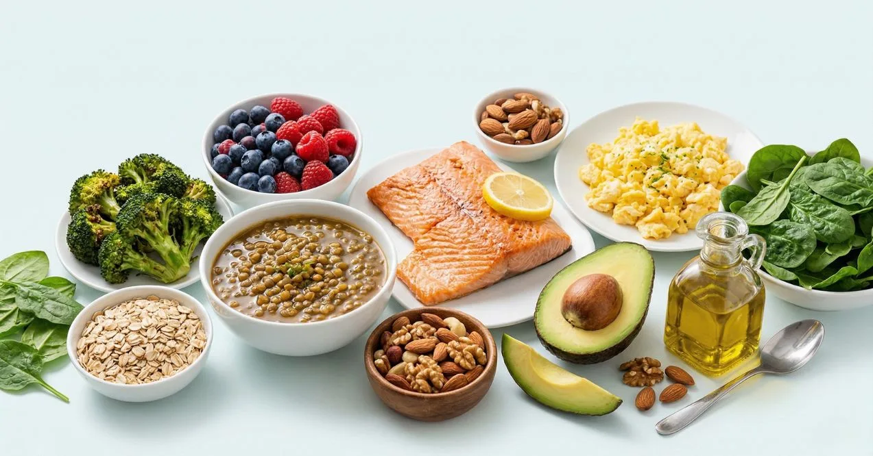 Foods that may support GLP-1, including salmon, lentils, berries, oats, eggs, avocado, and spinach