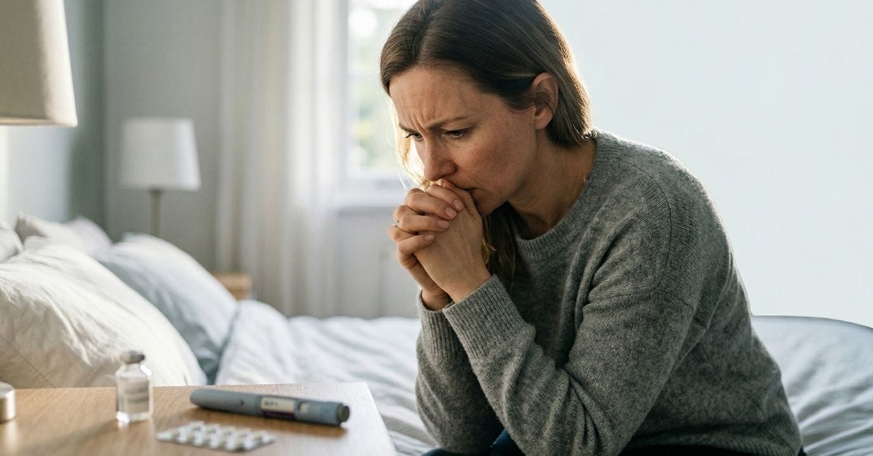 Woman sitting on a bed looking worried beside a medication injector and pills.