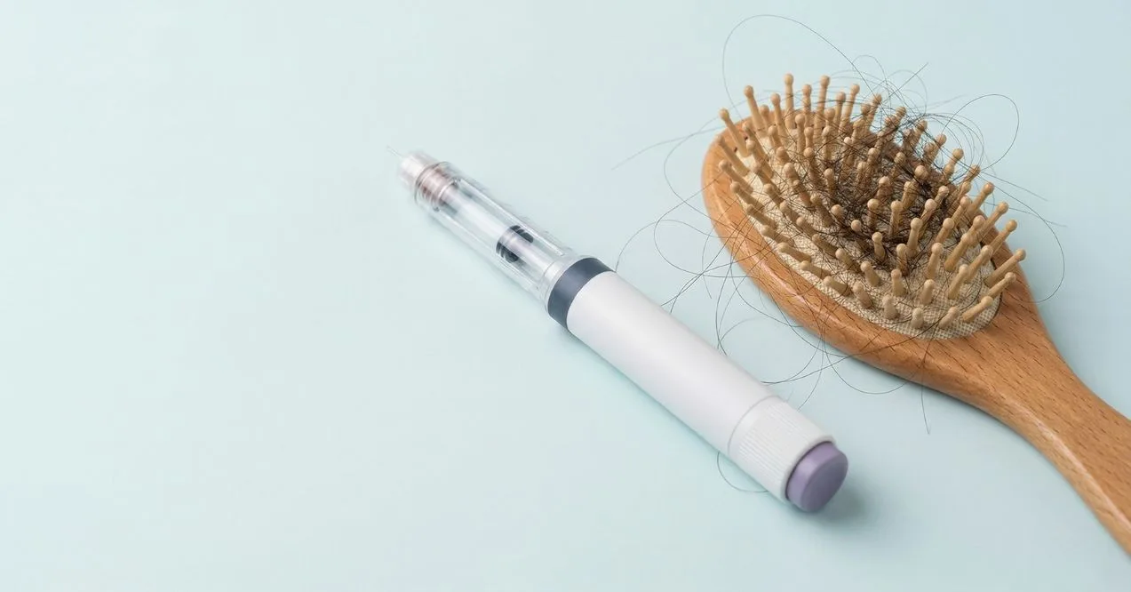 GLP-1 injector pen beside a hairbrush with visible hair shedding