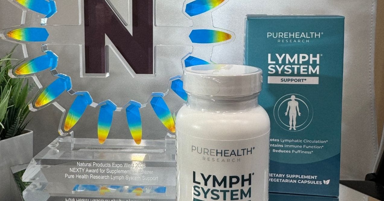 PureHealth Research Lymph System Support bottle, box, and NEXTY award