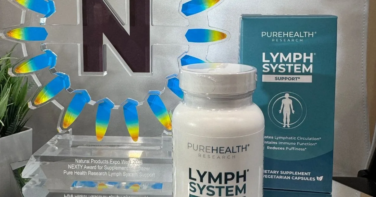 PureHealth Research Lymph System Support bottle, box, and NEXTY award