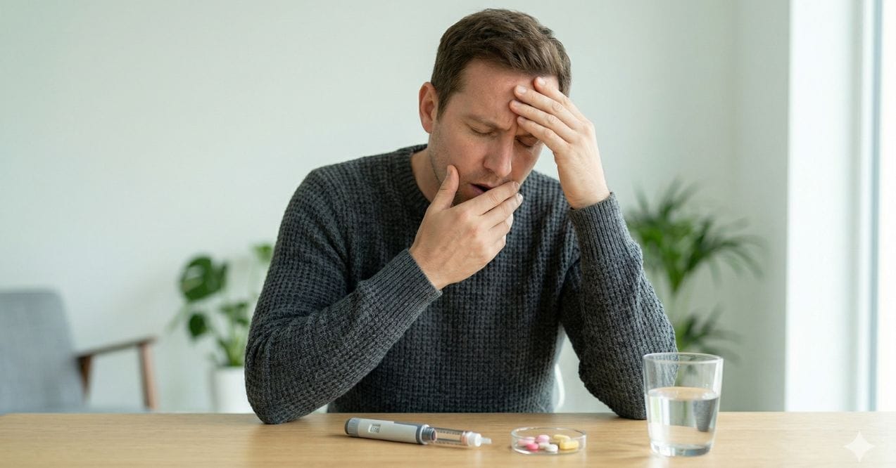 Man appearing nauseous at a table with a GLP-1 injector pen, pills, and water