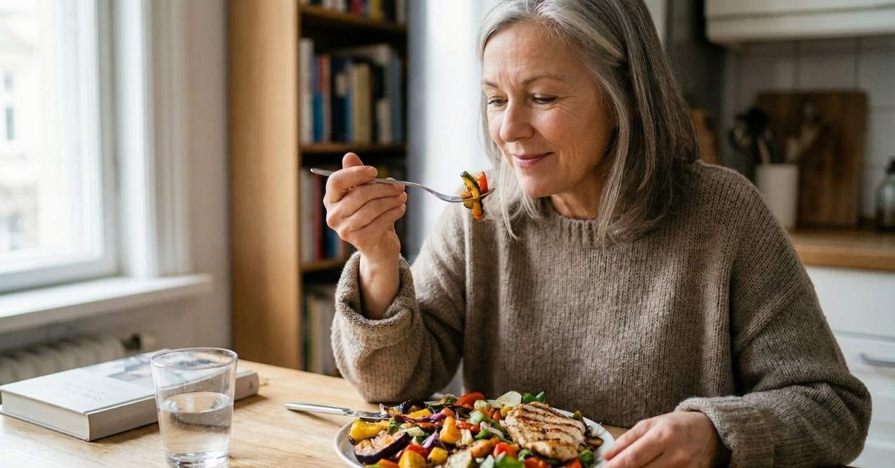 Woman eating a healthy meal at a table
