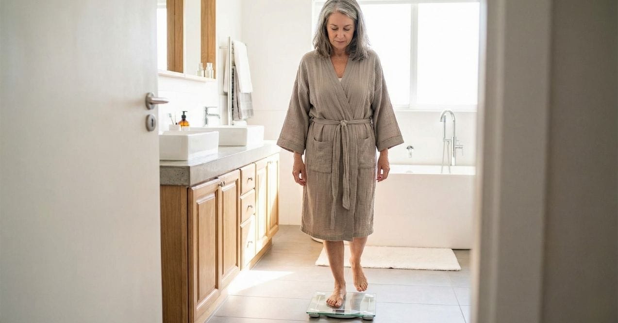 Woman standing on a scale in a bathroom