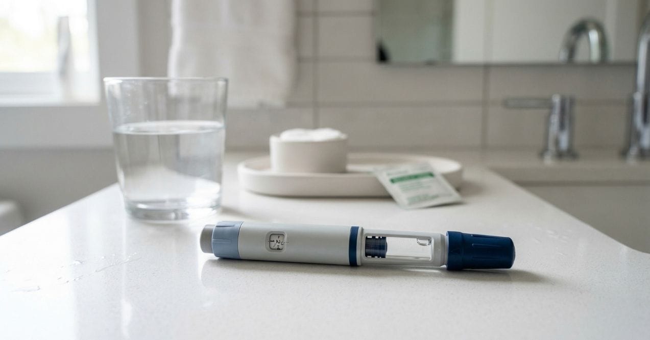 Injection pen on a bathroom counter beside a glass of water