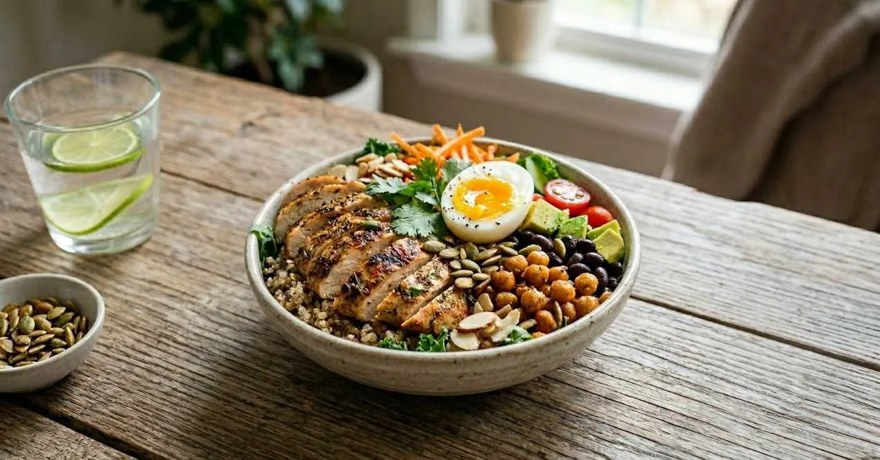 Protein-rich bowl with chicken, egg, chickpeas, and vegetables