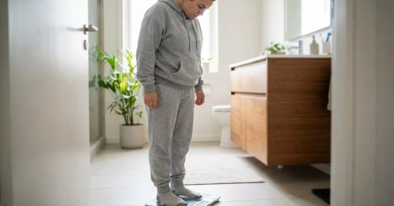 Person standing on a bathroom scale looking down