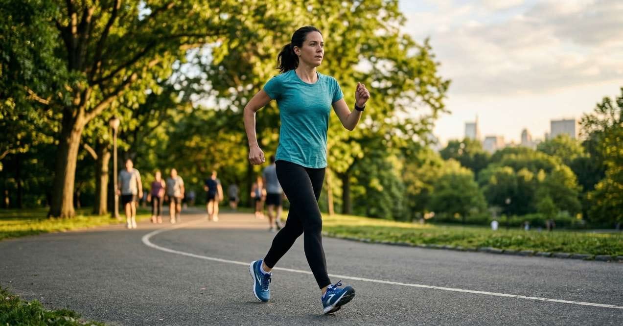 Woman brisk walking on a park path