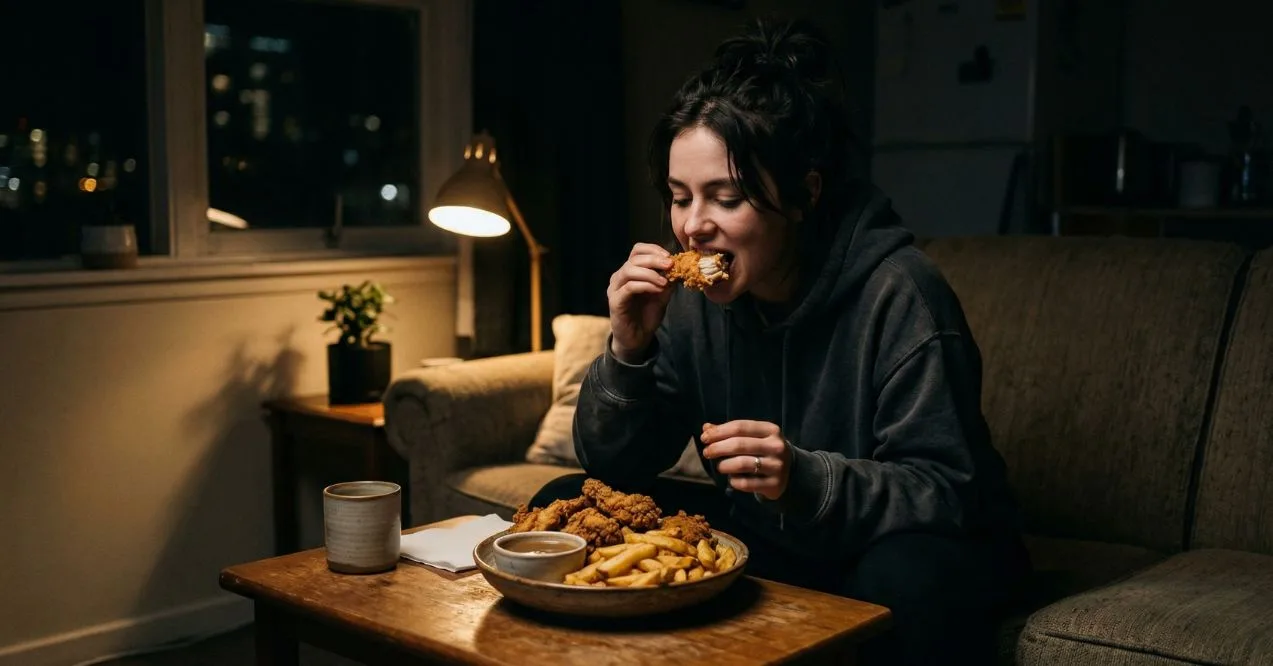 Woman eating fried food on a couch at night with a plate of chicken and fries