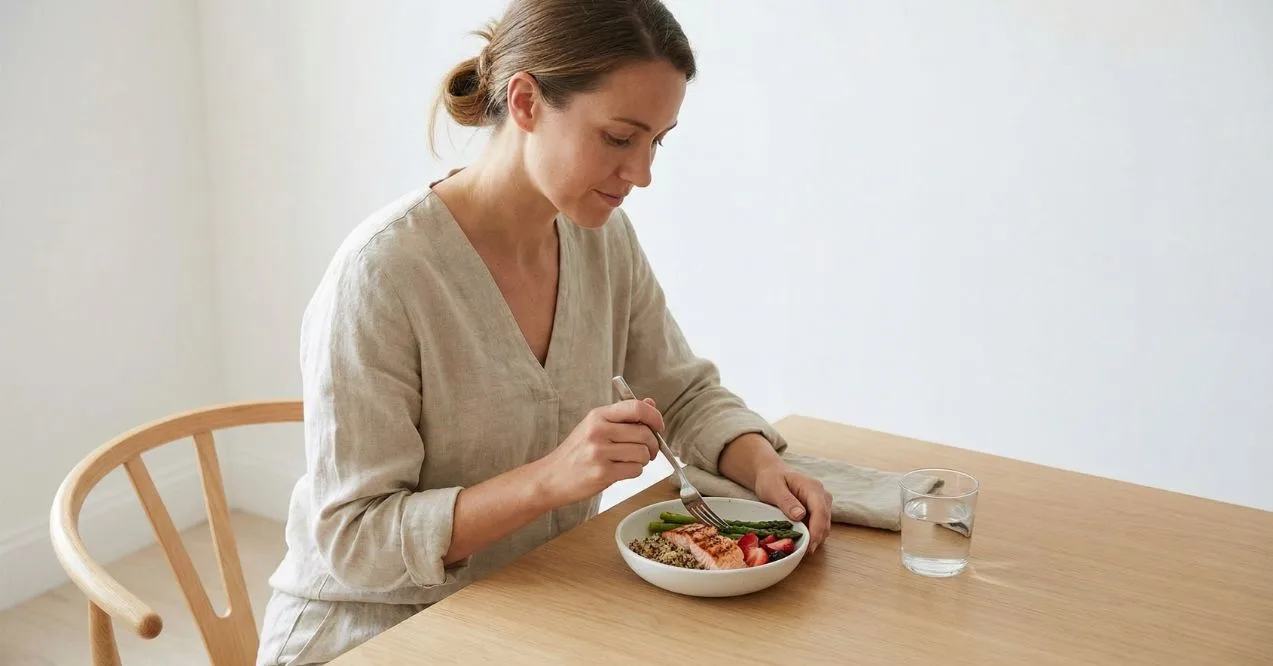 Woman eating a small balanced meal at a table with a glass of water