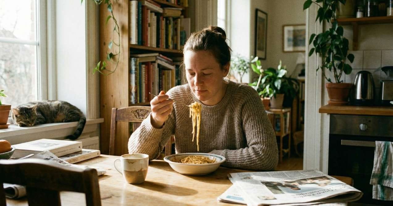 Woman eating pasta at a kitchen table