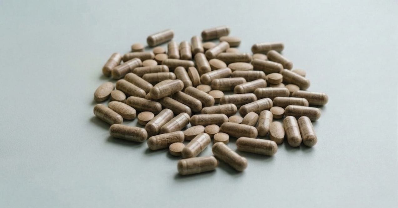 Pile of ashwagandha capsules and tablets on a surface